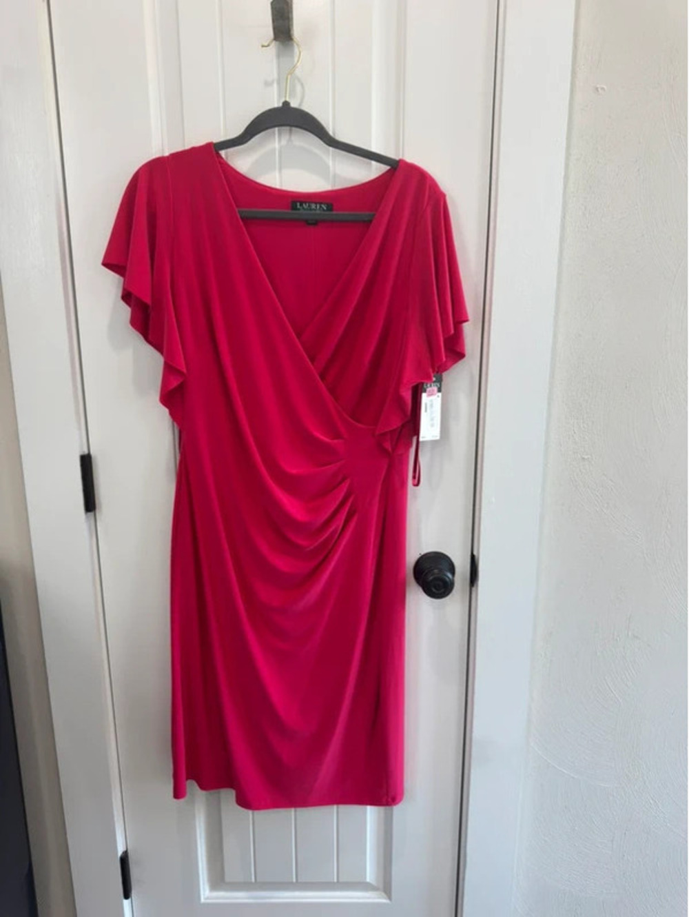 Lauren Ralph Lauren Flutter Short Sleeve, Faux Wrap lined Pink Dress (0007)